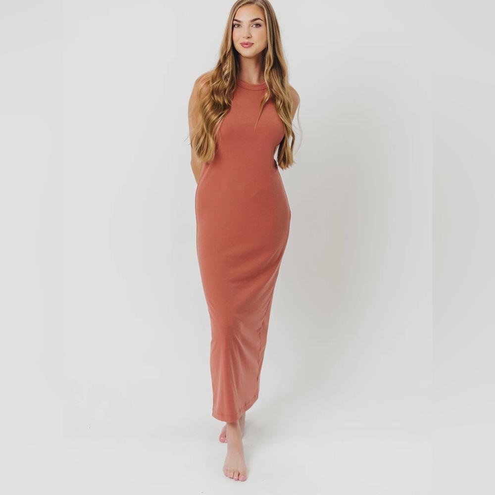 Hope Ribbed Knit Maxi Dress with Back Slit in Terracotta